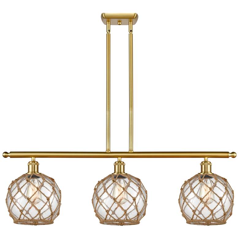 Image 1 Farmhouse 36"W 3 Light Satin Gold Island Light w/ Clear and Brown Shad