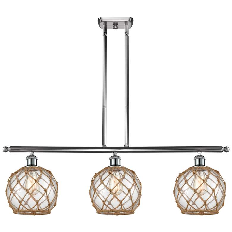 Image 1 Farmhouse 36"W 3 Light Satin Nickel Island Light w/ Clear and Brown Sh