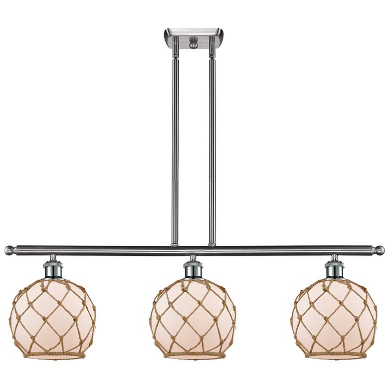 Image 1 Farmhouse 36"W 3 Light Satin Nickel Island Light w/ White and Brown Sh