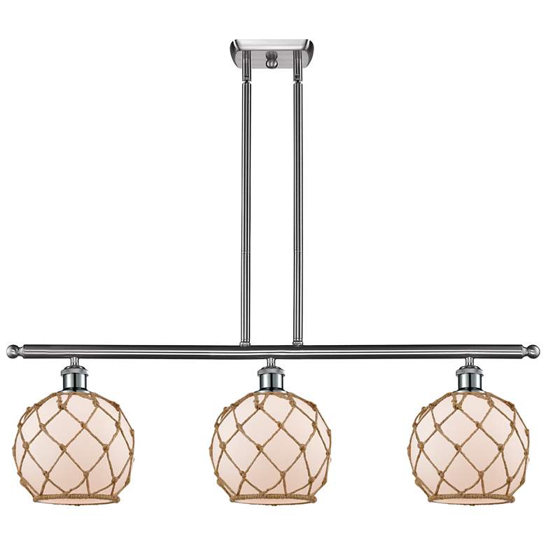 Image 1 Farmhouse 36 inchW 3 Light Satin Nickel Island Light w/ White and Brown Sh