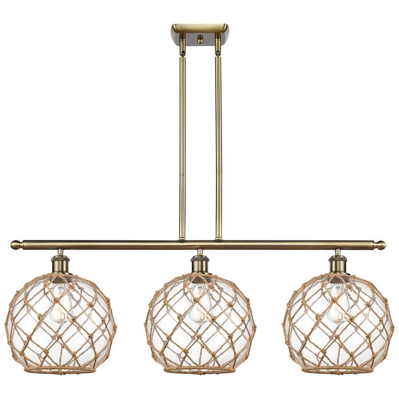 Image 1 Farmhouse 36"W 3 Lt Antique Brass Island Light w/ Clear & Brown Sh