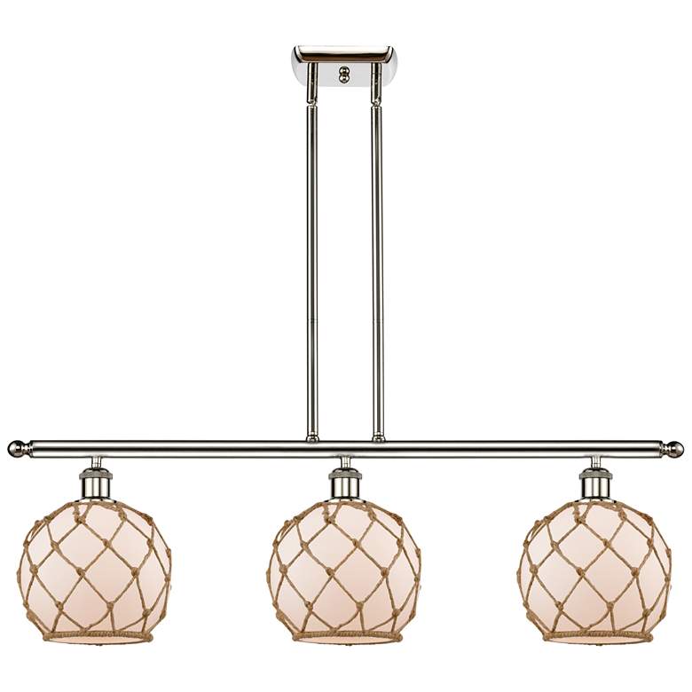 Image 1 Farmhouse 36"W 3 Lt Polished Nickel Island Light w/ White and Brown Sh