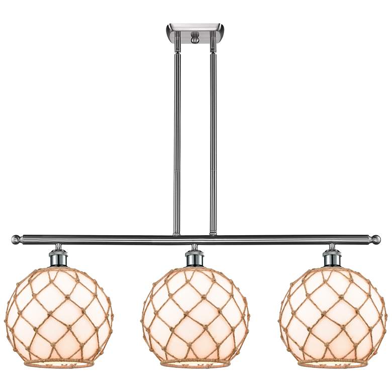 Image 1 Farmhouse 36"W 3 Lt Satin Nickel Island Light w/ White & Brown Sha