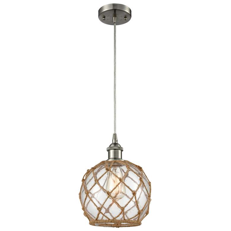 Image 1 Farmhouse 8" LED Mini Pendant - Satin Nickel - Clear Glass - Brown
