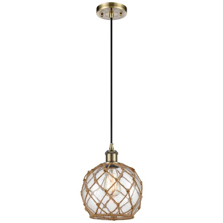 Image 1 Farmhouse 8"W Cord Hung Antique Brass Mini Pendant w/ Clear and Brown