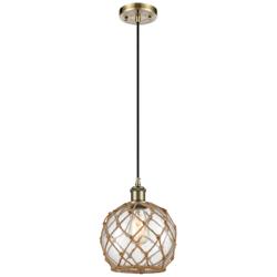 Farmhouse 8"W Cord Hung Antique Brass Mini Pendant w/ Clear and Brown