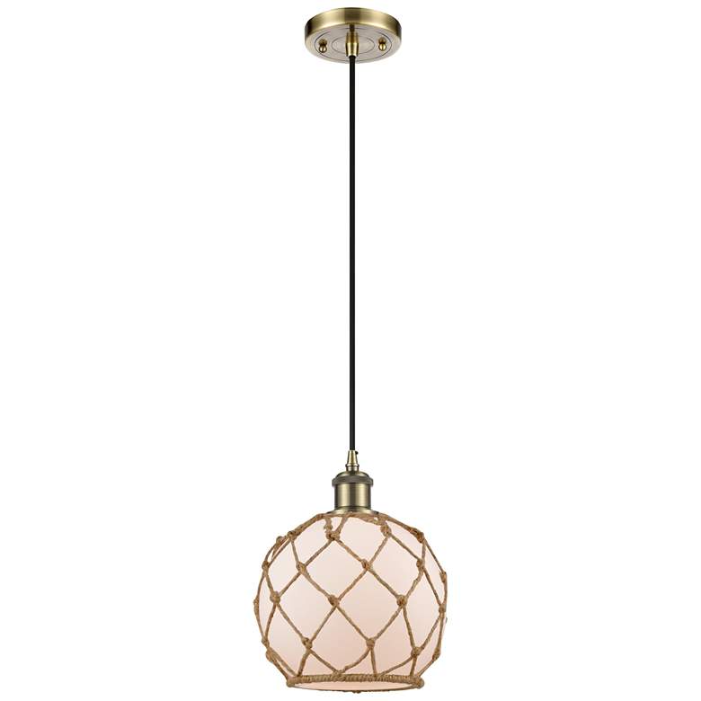 Image 1 Farmhouse 8"W Cord Hung Antique Brass Mini Pendant w/ White and Brown