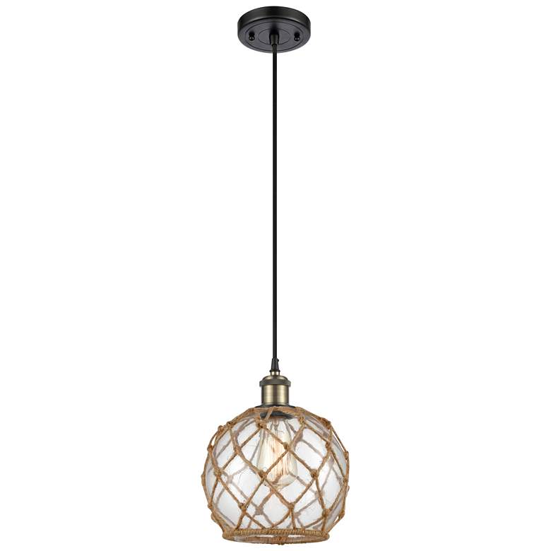 Image 1 Farmhouse 8"W Cord Hung Black Brass Mini Pendant w/ Clear and Brown Sh