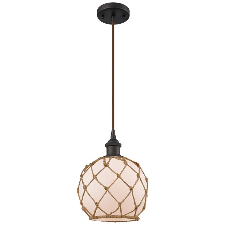 Image 1 Farmhouse 8"W Cord Hung Bronze Mini Pendant w/ White and Brown Shade