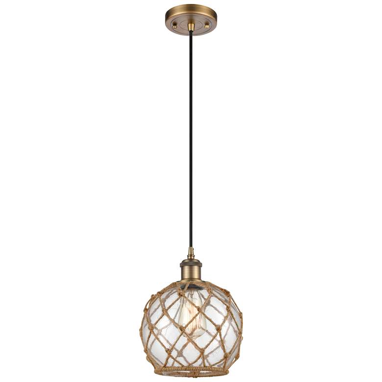 Image 1 Farmhouse 8"W Cord Hung Brushed Brass Mini Pendant w/ Clear and Brown