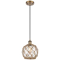 Farmhouse 8"W Cord Hung Brushed Brass Mini Pendant w/ Clear and Brown