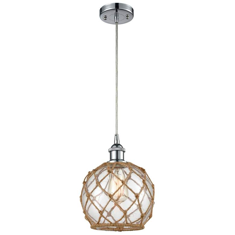 Image 1 Farmhouse 8"W Cord Hung Chrome Mini Pendant w/ Clear and Brown Shade