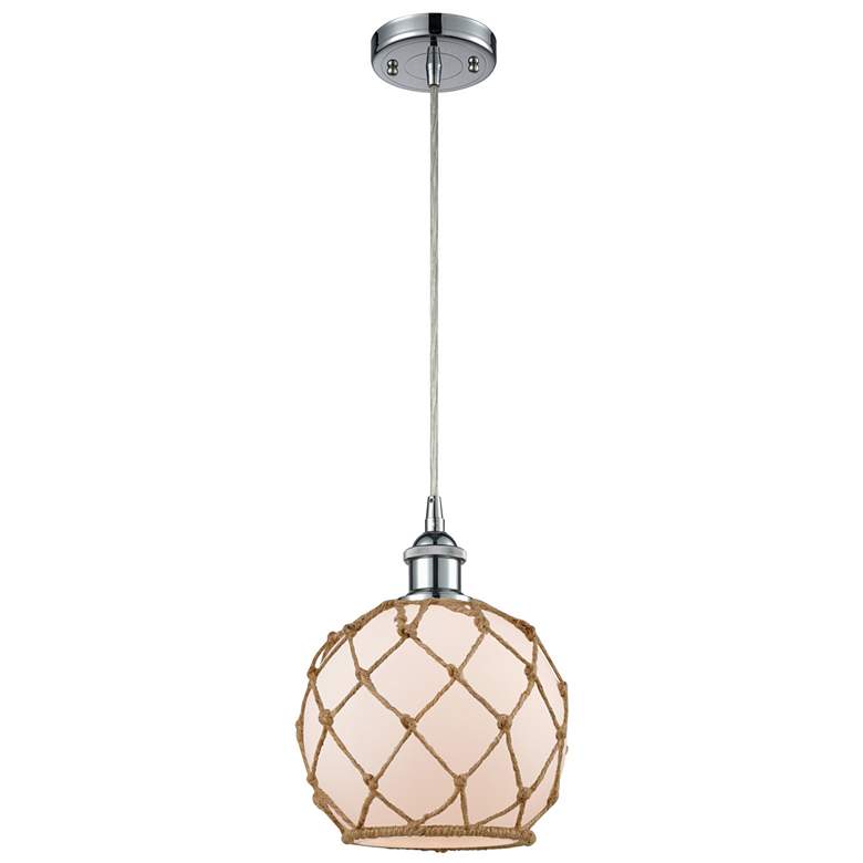 Image 1 Farmhouse 8"W Cord Hung Chrome Mini Pendant w/ White and Brown Shade