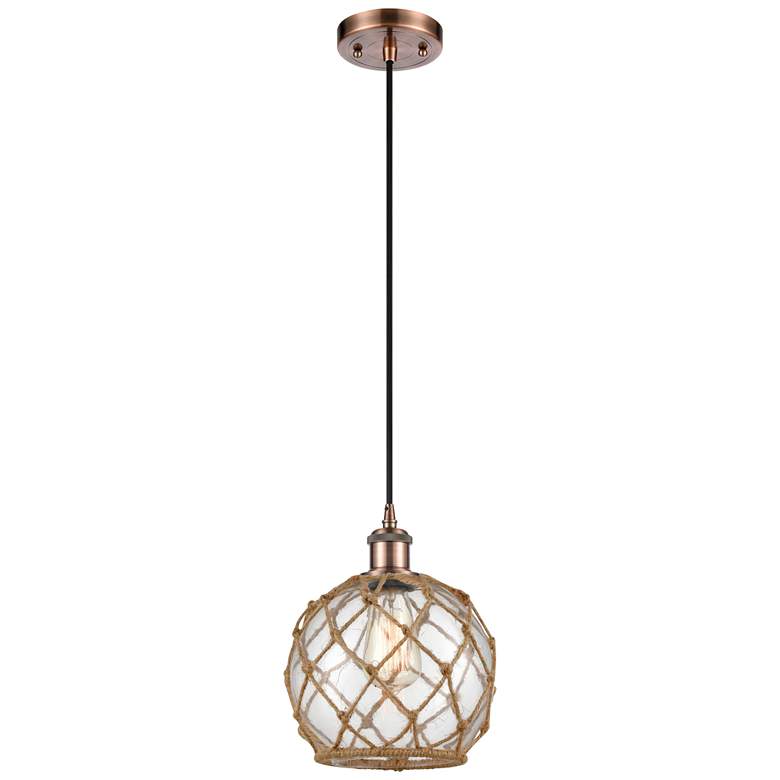 Image 1 Farmhouse 8"W Cord Hung Copper Mini Pendant w/ Clear and Brown Shade