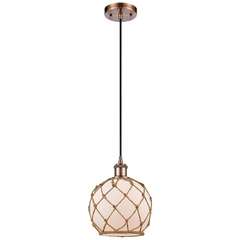 Image 1 Farmhouse 8"W Cord Hung Copper Mini Pendant w/ White and Brown Shade