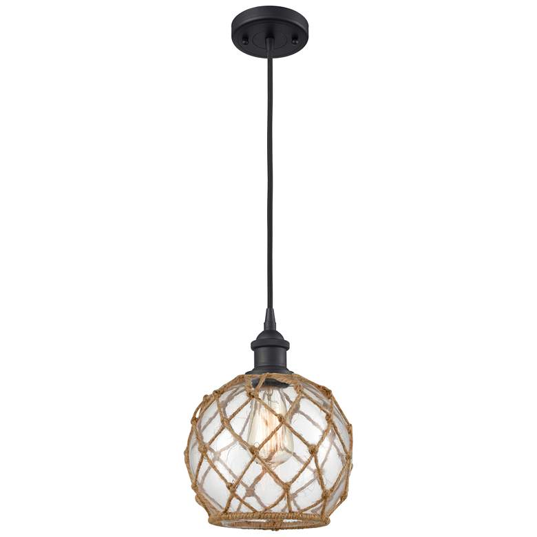 Image 1 Farmhouse 8"W Cord Hung Matte Black Mini Pendant w/ Clear and Brown Sh
