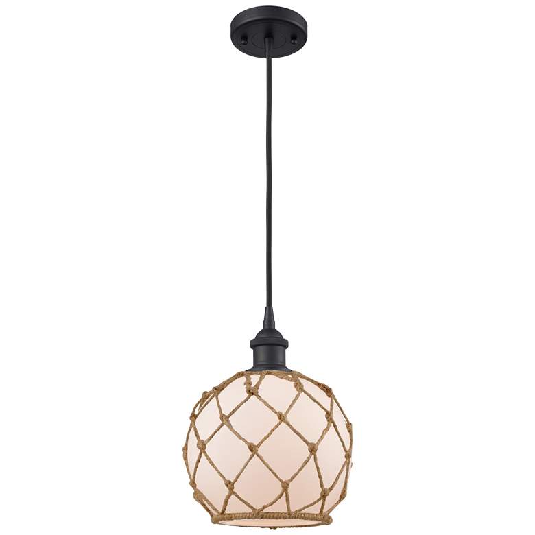 Image 1 Farmhouse 8"W Cord Hung Matte Black Mini Pendant w/ White and Brown Sh