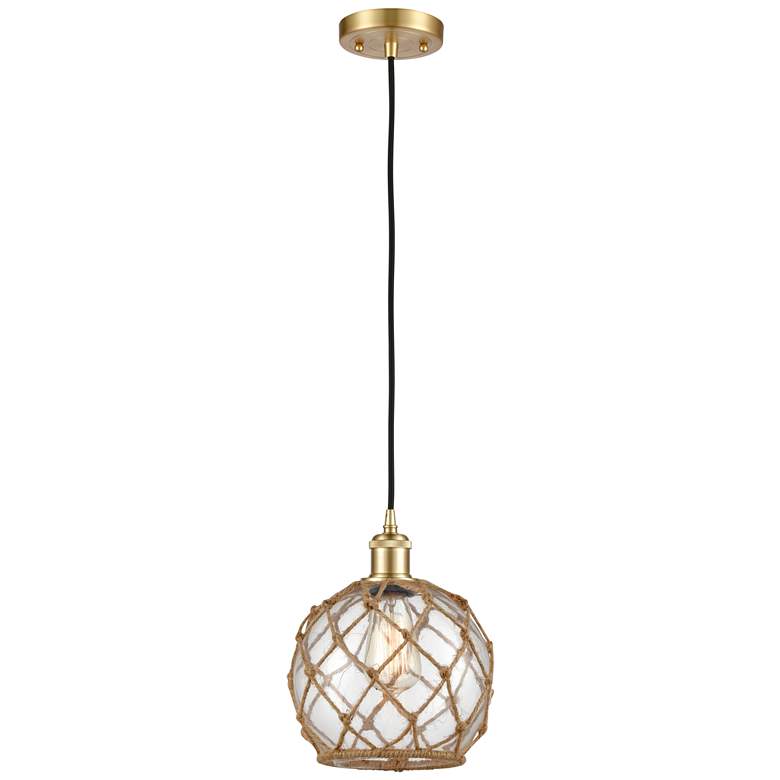 Image 1 Farmhouse 8"W Cord Hung Satin Gold Mini Pendant w/ Clear and Brown Sha