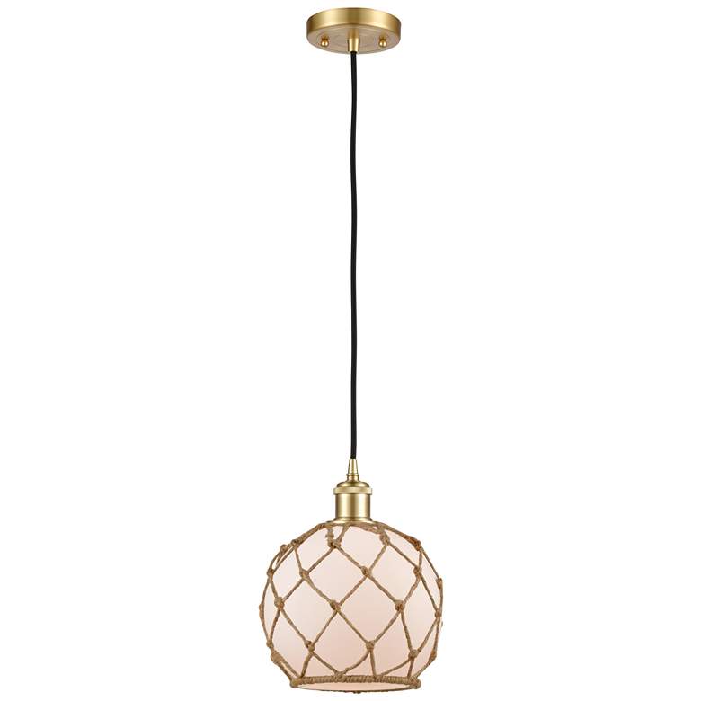 Image 1 Farmhouse 8"W Cord Hung Satin Gold Mini Pendant w/ White and Brown Sha