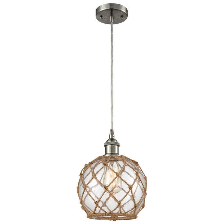 Image 1 Farmhouse 8 inchW Cord Hung Satin Nickel Mini Pendant w/ Clear and Brown S