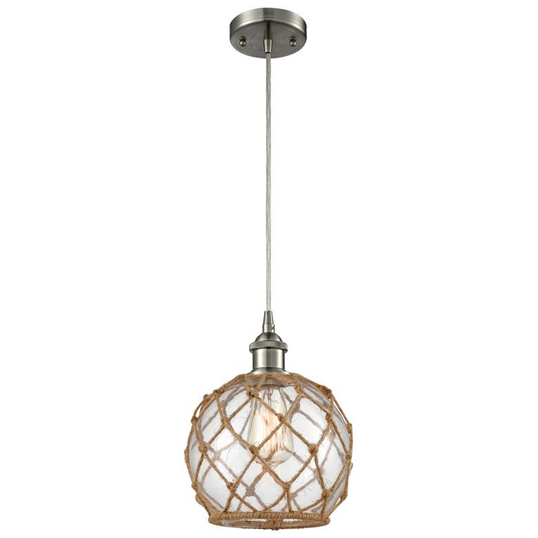 Image 1 Farmhouse 8"W Cord Hung Satin Nickel Mini Pendant w/ Clear and Brown S