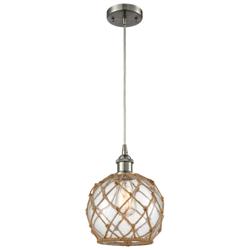 Farmhouse 8&quot;W Cord Hung Satin Nickel Mini Pendant w/ Clear and Brown S