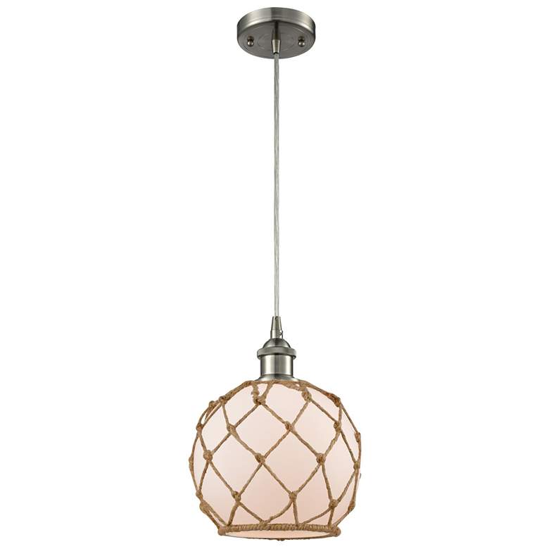 Image 1 Farmhouse 8"W Cord Hung Satin Nickel Mini Pendant w/ White and Brown S