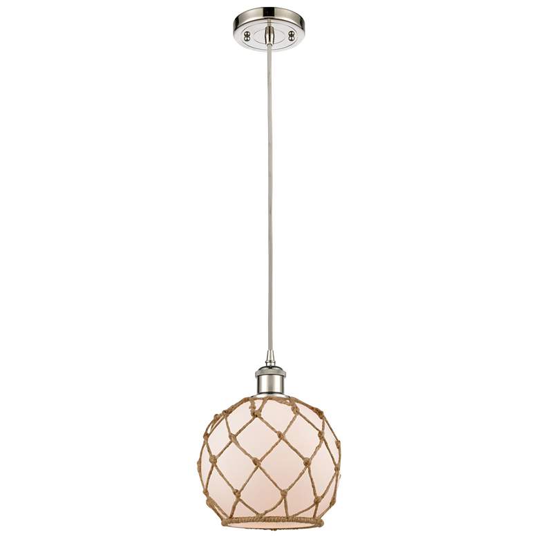 Image 1 Farmhouse 8"W Corded Polished Nickel Mini Pendant w/ White and Brown S
