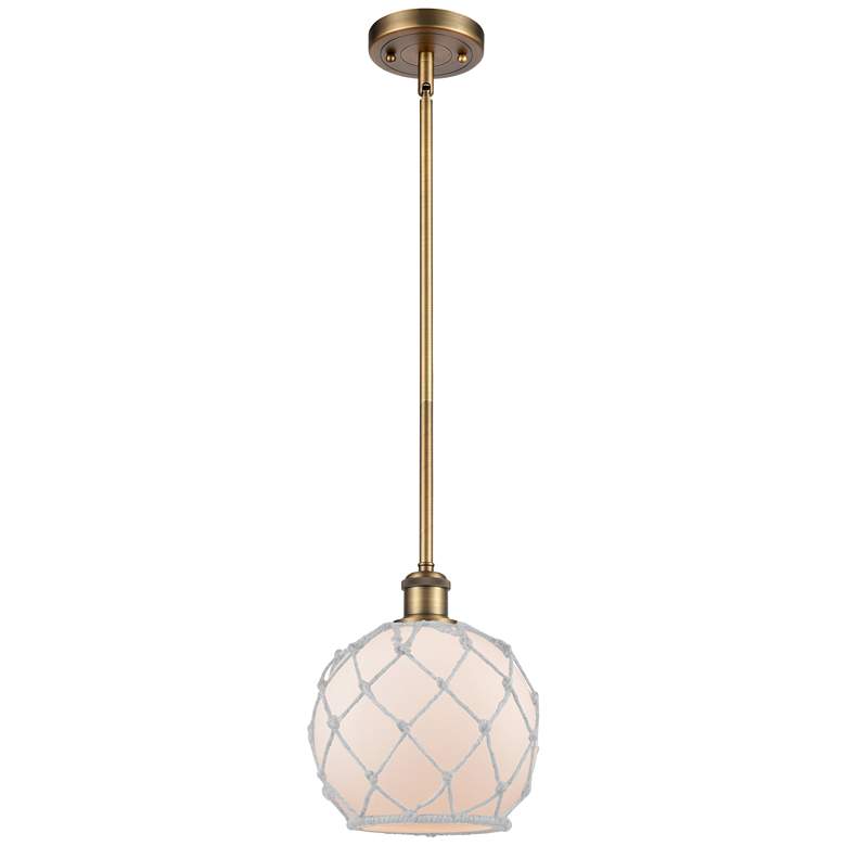 Image 1 Farmhouse 8"W Stem Hung Brushed Brass Mini Pendant w/ White Shade