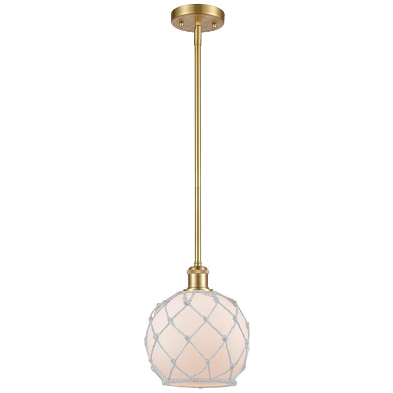 Image 1 Farmhouse 8"W Stem Hung Satin Gold Mini Pendant w/ White Shade
