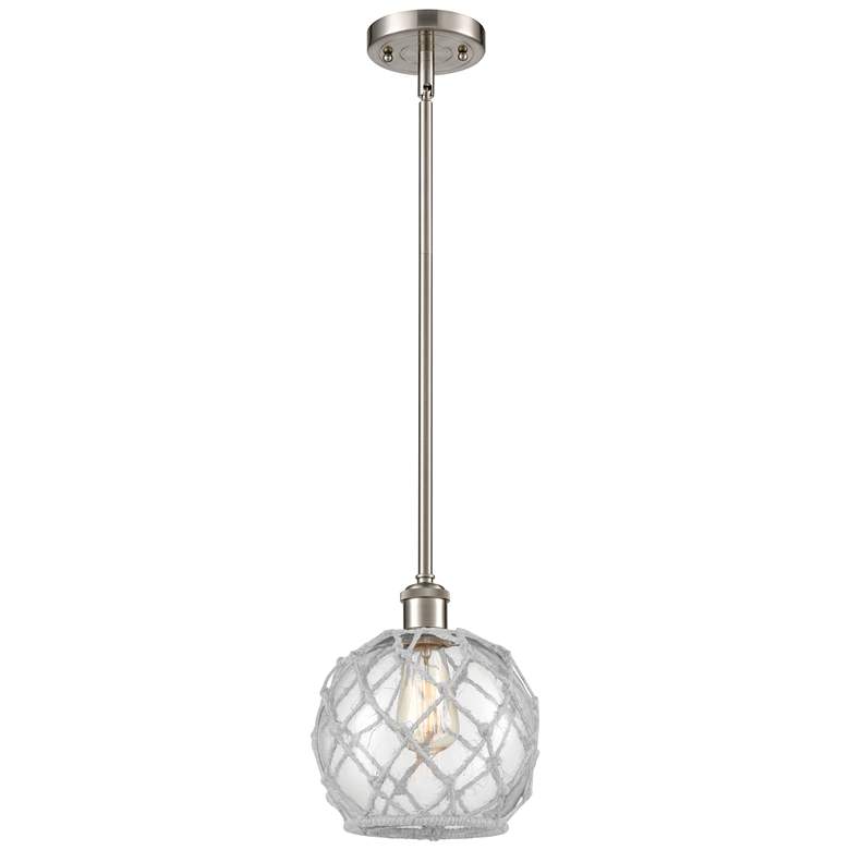 Image 1 Farmhouse 8 inchW Stem Hung Satin Nickel Mini Pendant w/ Clear and White S