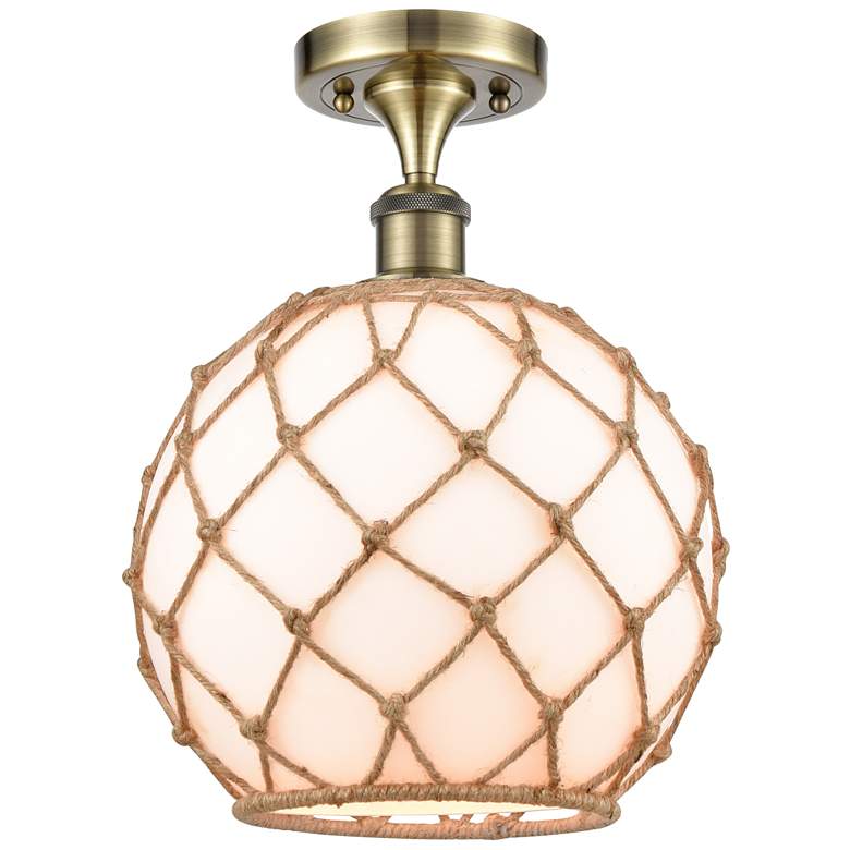 Image 1 Farmhouse Rope 10"W Antique Brass Semi Flush Mount w/ White and Brown