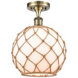 Farmhouse Rope 10"W Antique Brass Semi Flush Mount w/ White and Brown