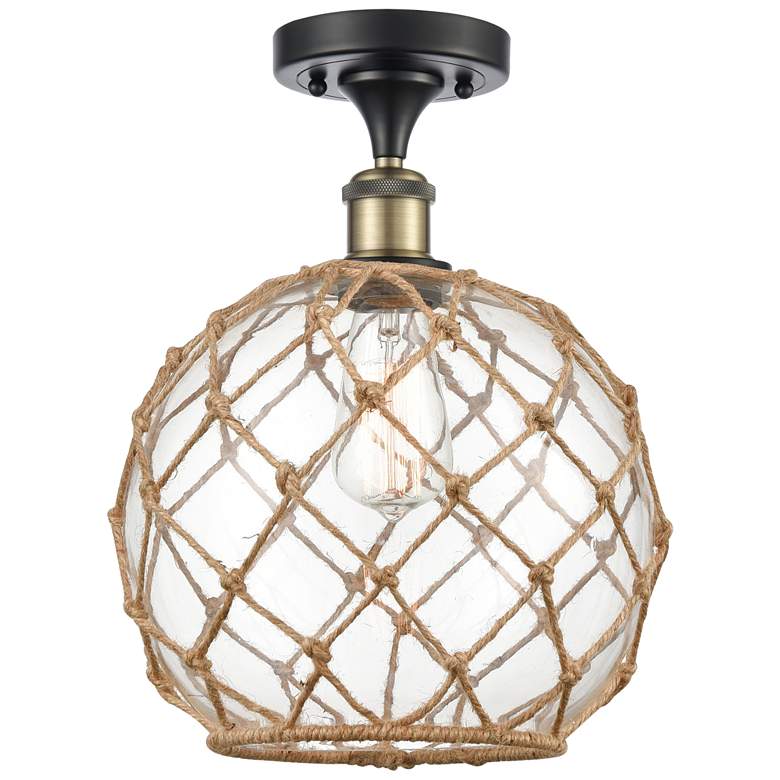 Image 1 Farmhouse Rope 10 inchW Black Brass Semi Flush Mount w/ Clear and Brown Sh