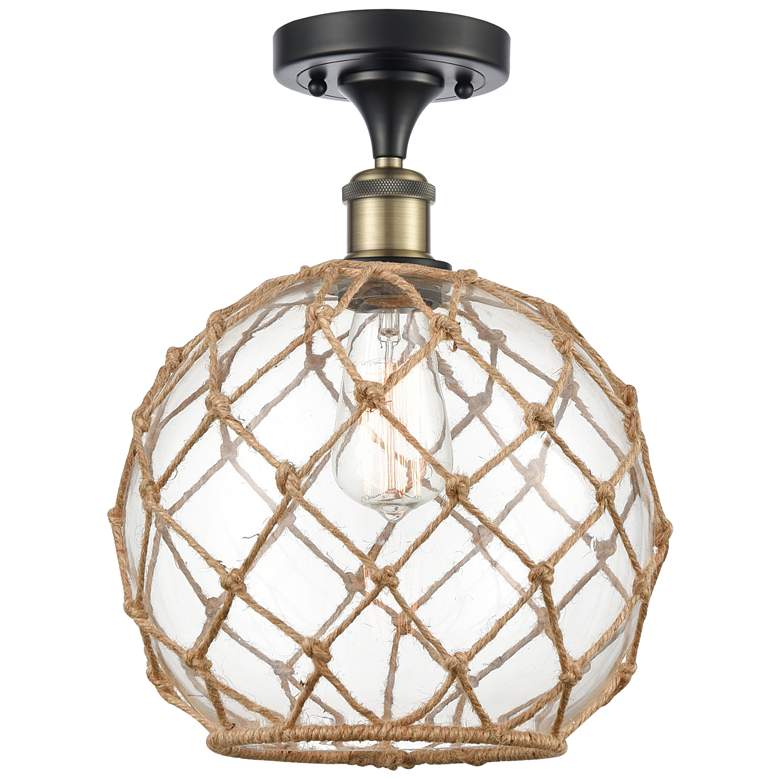 Image 1 Farmhouse Rope 10"W Black Brass Semi Flush Mount w/ Clear and Brown Sh