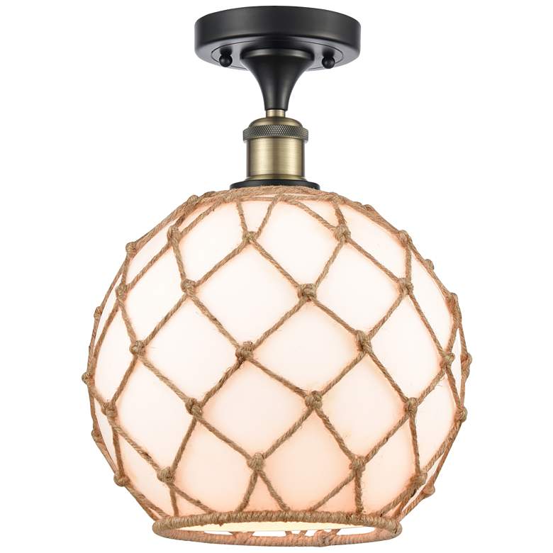 Image 1 Farmhouse Rope 10"W Black Brass Semi Flush Mount w/ White and Brown Sh