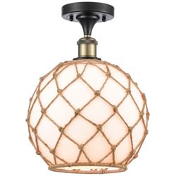 Farmhouse Rope 10"W Black Brass Semi Flush Mount w/ White and Brown Sh