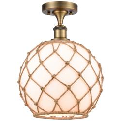 Farmhouse Rope 10"W Brushed Brass Semi Flush Mount w/ White and Brown