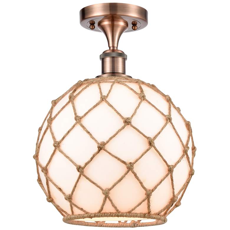 Image 1 Farmhouse Rope 10 inchW Copper Semi Flush Mount w/ White and Brown Rope Sh