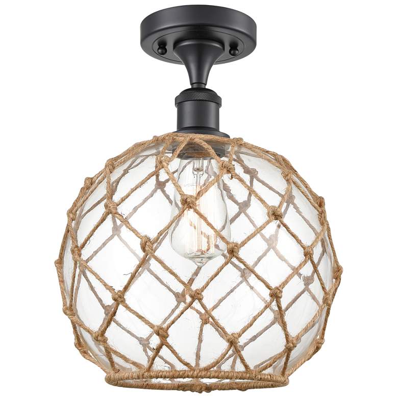 Image 1 Farmhouse Rope 10"W Matte Black Semi Flush Mount Clear and Brown Shade