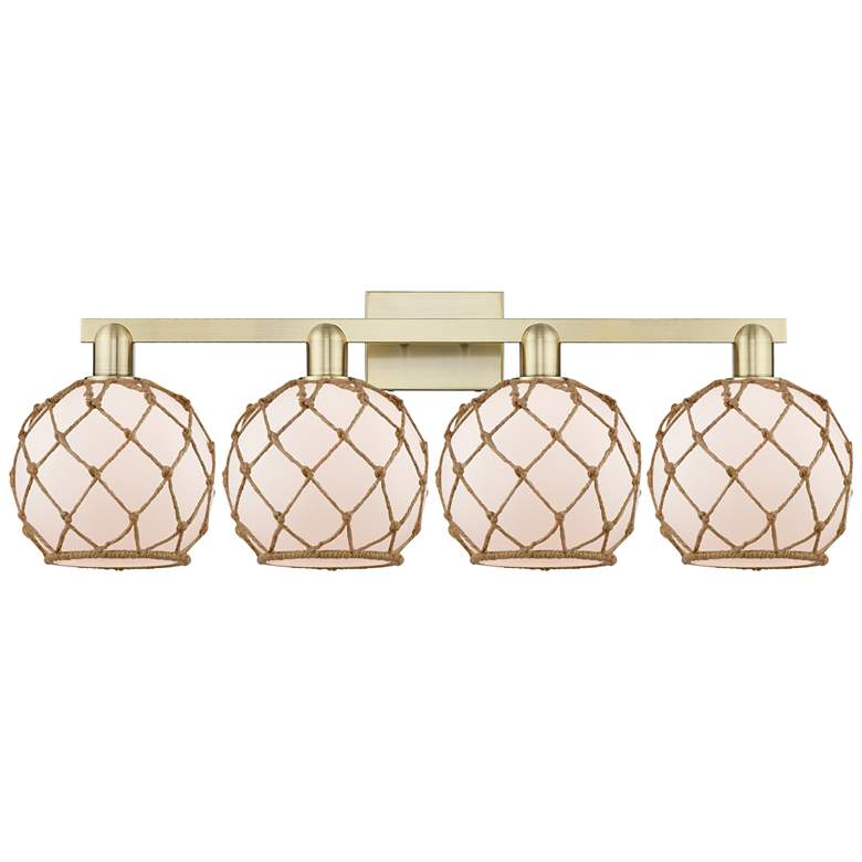 Image 1 Farmhouse Rope 12"H 4-Light Brass Vanity Light w/ White Glass & Brown Rope