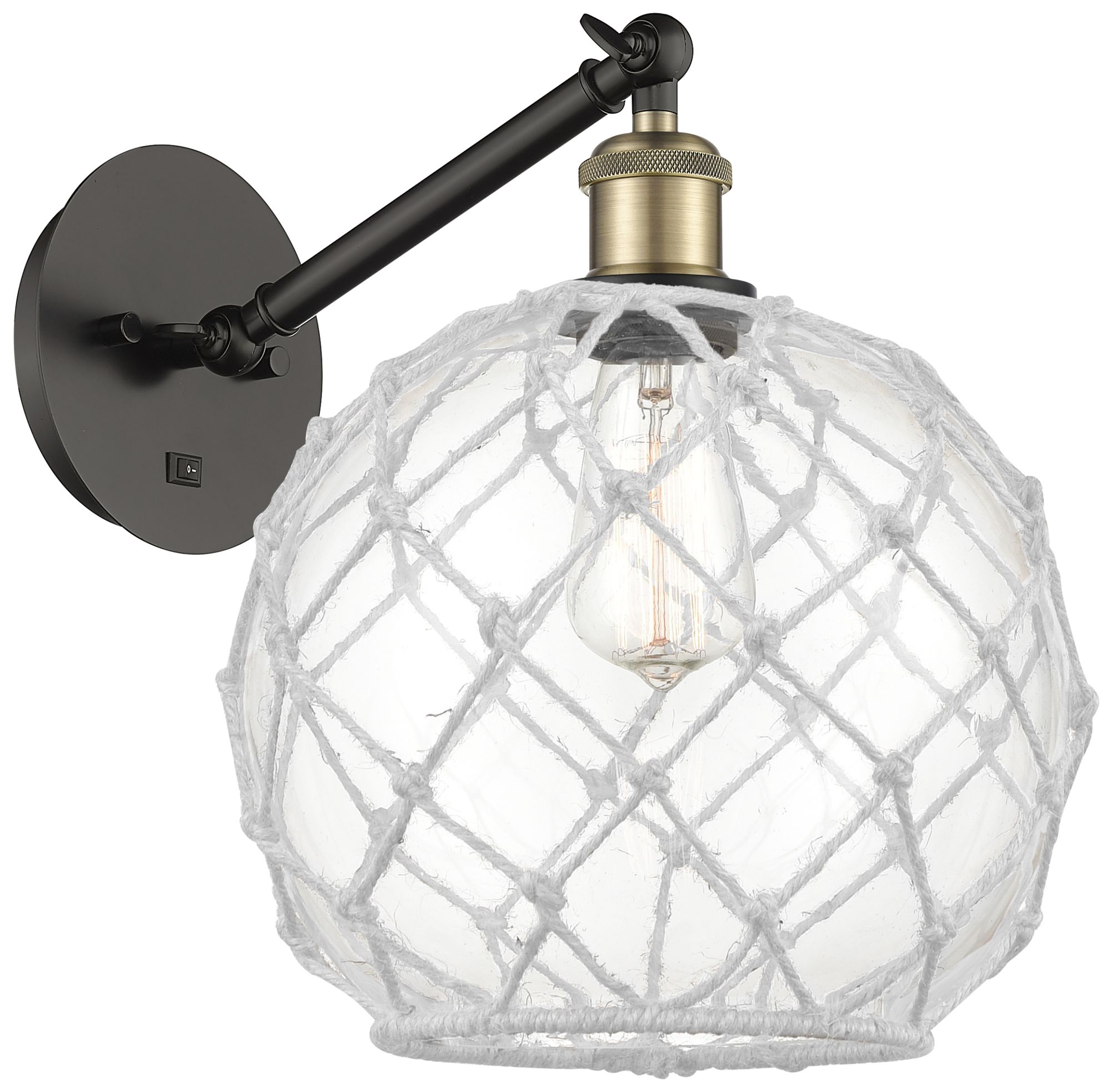 Farmhouse Rope 12"H Black Brass Adjustable Sconce w/ Clear Glass with Rope