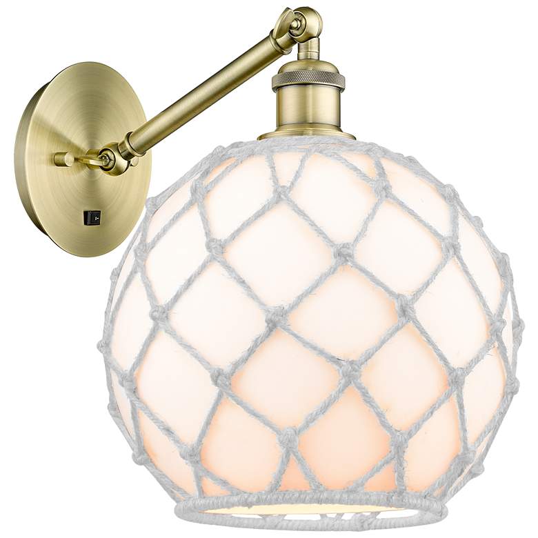 Image 1 Farmhouse Rope 12"H Brass Adjustable Sconce w/ White Glass & Rope Shade