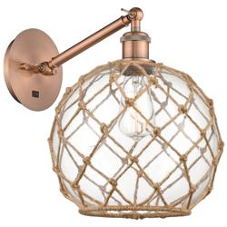 Farmhouse Rope 12"H Copper Adjustable Sconce w/ Glass & Brown Rope Shade