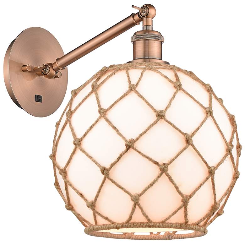Image 1 Farmhouse Rope 12"H Copper Adjustable Sconce w/ White Glass & Rope Shade