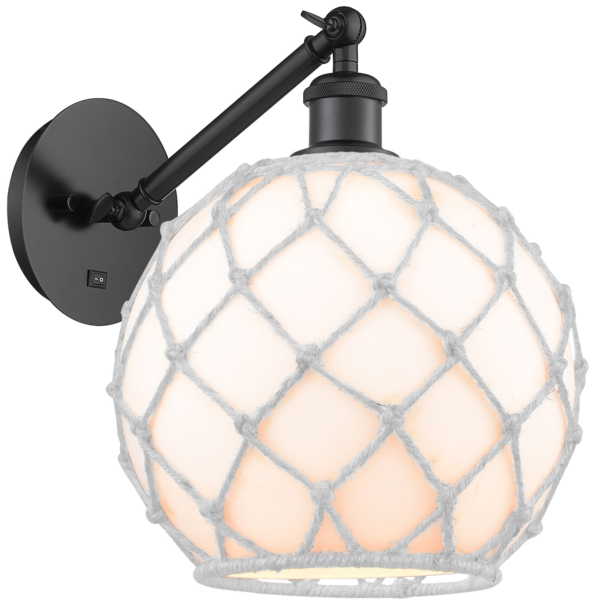 Farmhouse Rope 12"H Matte Black Adjustable Sconce w/ White Glass with Rope