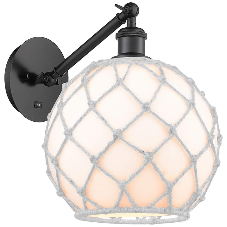 Image 1 Farmhouse Rope 12"H Matte Black Adjustable Sconce w/ White Glass with Rope
