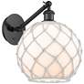 1_Farmhouse Rope 12"H Matte Black Adjustable Sconce w/ White Glass with Rope