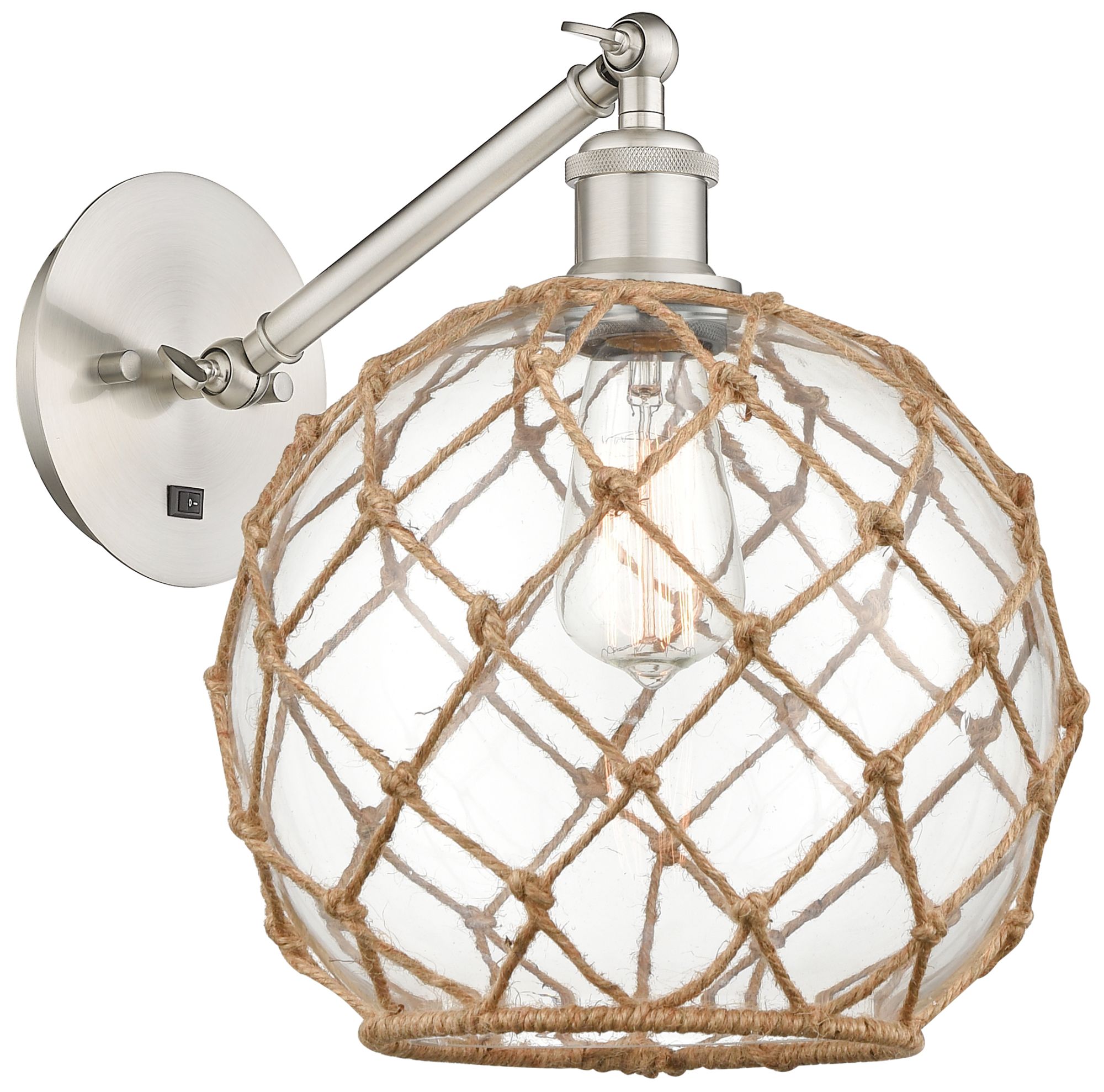 Farmhouse Rope 12"H Satin Nickel Adjustable Sconce w/ Clear Glass with Rope