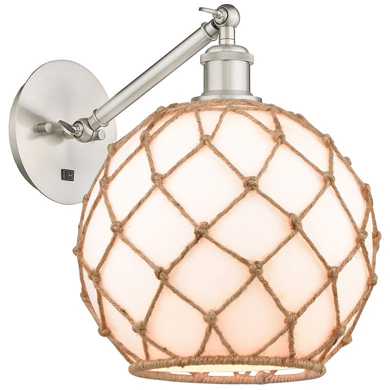 Image 1 Farmhouse Rope 12"H Satin Nickel Adjustable Sconce w/ White Glass with Rope